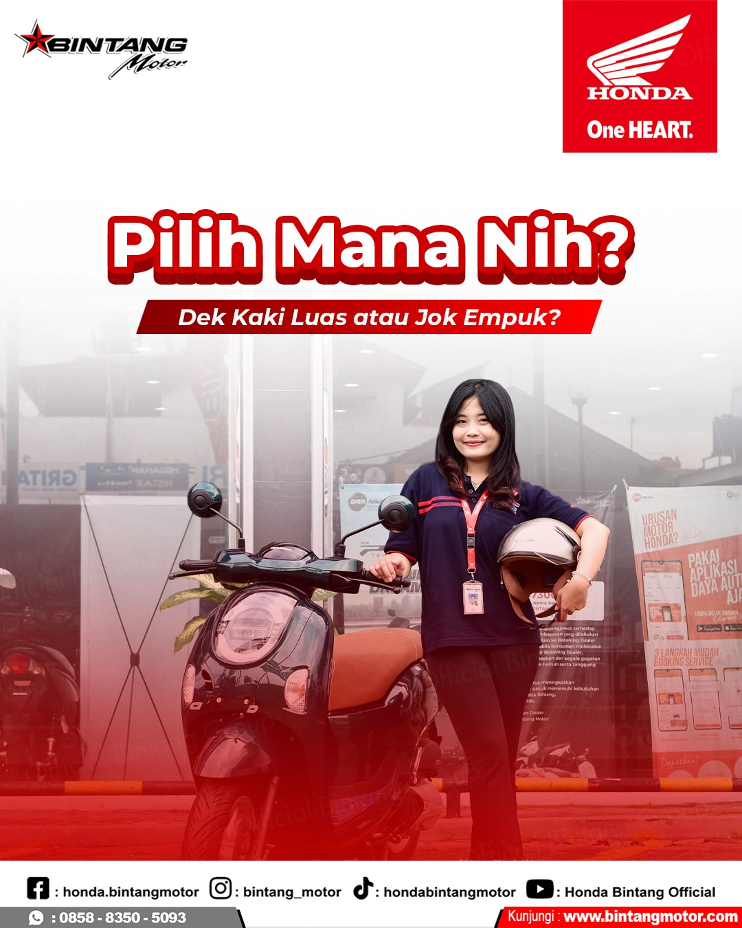 Perbandingan ruang dek kaki luas dan tekstur jok empuk pada motor Honda terbaru di diler Bintang Motor.