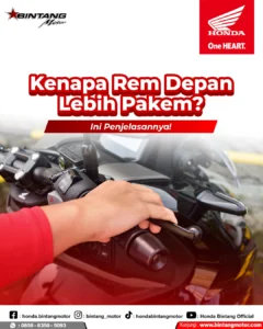 Mekanik Bintang Motor sedang memeriksa sistem cakram rem depan motor Honda untuk memastikan keamanan berkendara.